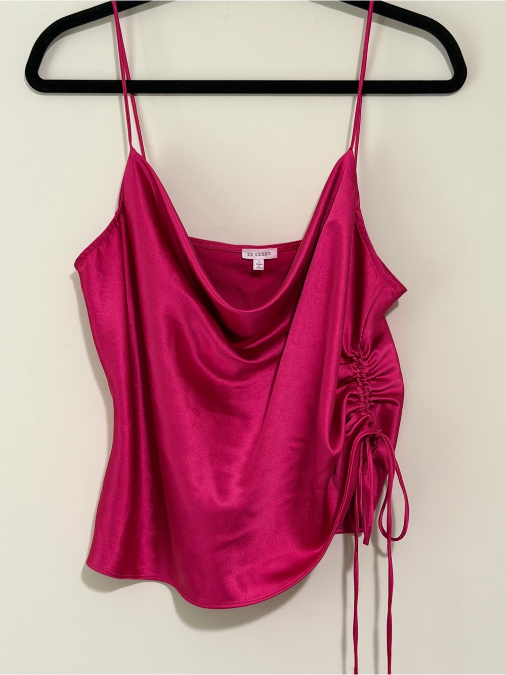 En Creme Fuchsia Satin Cowl Neck Ruched Cami